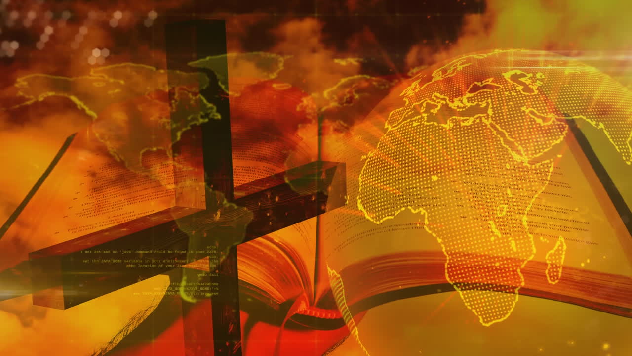 회전하는 행성과 성서 위에 있는 기독교 십자가의 애니메이션