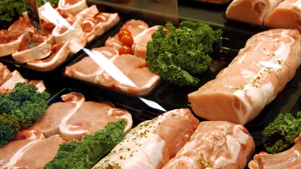 전시 된 고기 의 클로즈업