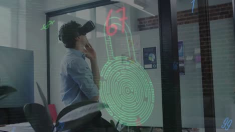 animation of biometric fingerprint over businessman wearing vr headset in office