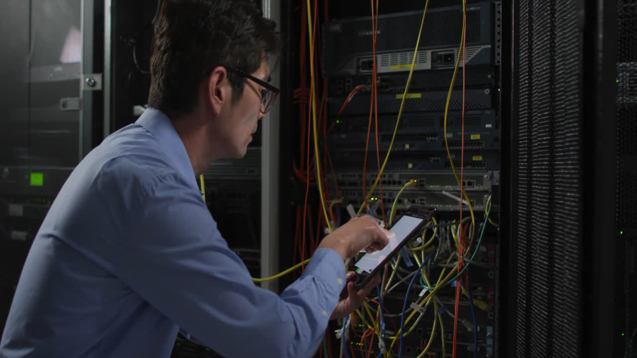 técnico de ti asiático que usa una tableta comprobando el servidor de la computadora