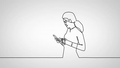 animation of drawing of businesswoman using smartphone on white background