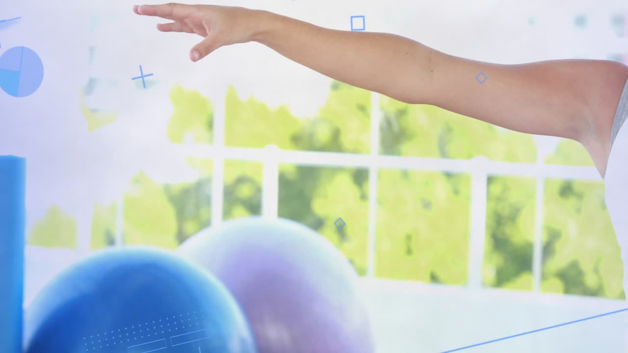 Woman starting by extending arm, stretching into T-pose for fitness, HUD mapping motion with balls