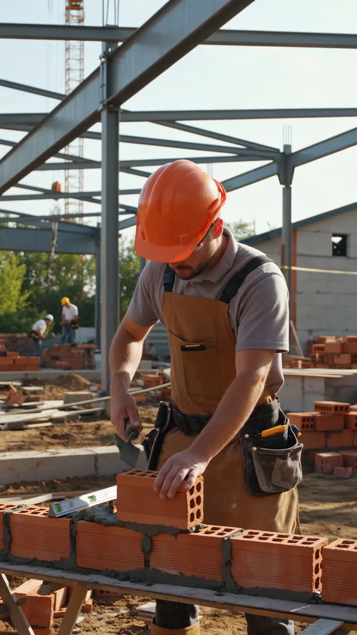 Construction Worker Laying Bricks at a Building Site
