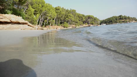 Playa-De-Arena-Con-Pequeñas-Olas-Y-Gente-En-La-Procedencia-De-Platja-De-Formentor-Isla-De-Mallorca-Palmeras