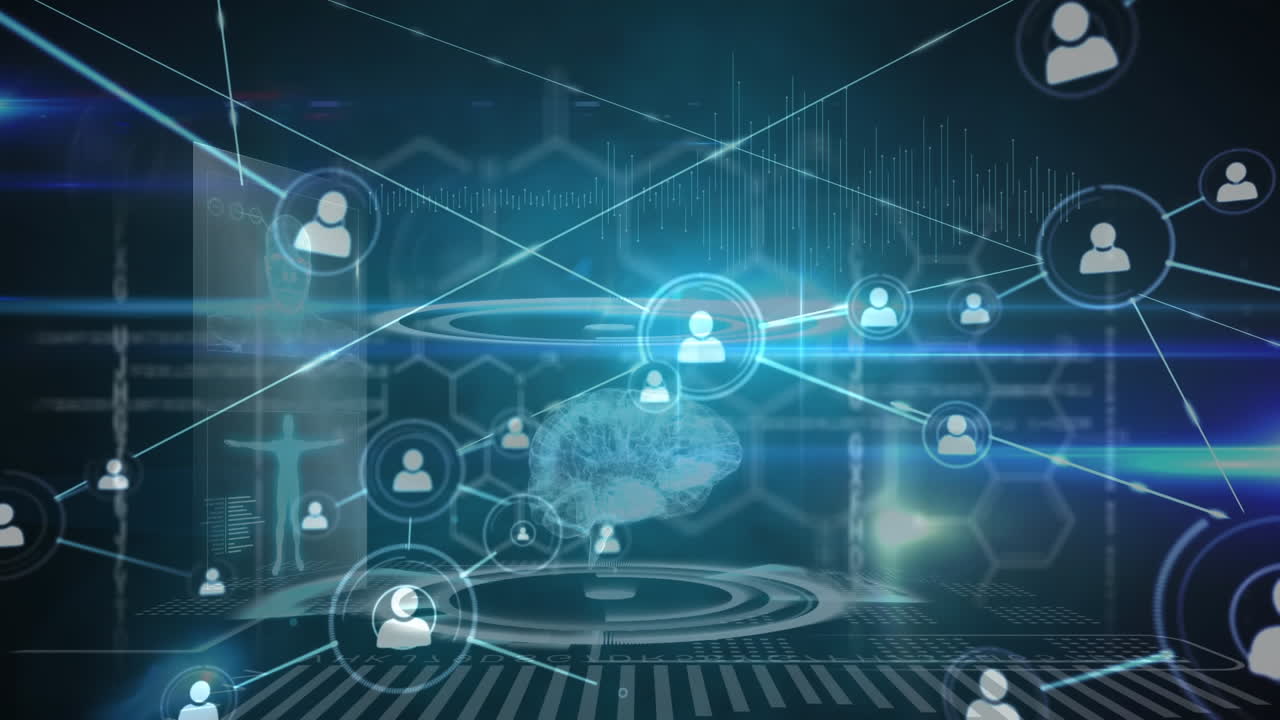 Animation of network of connections over human brain and medical data processing on screen