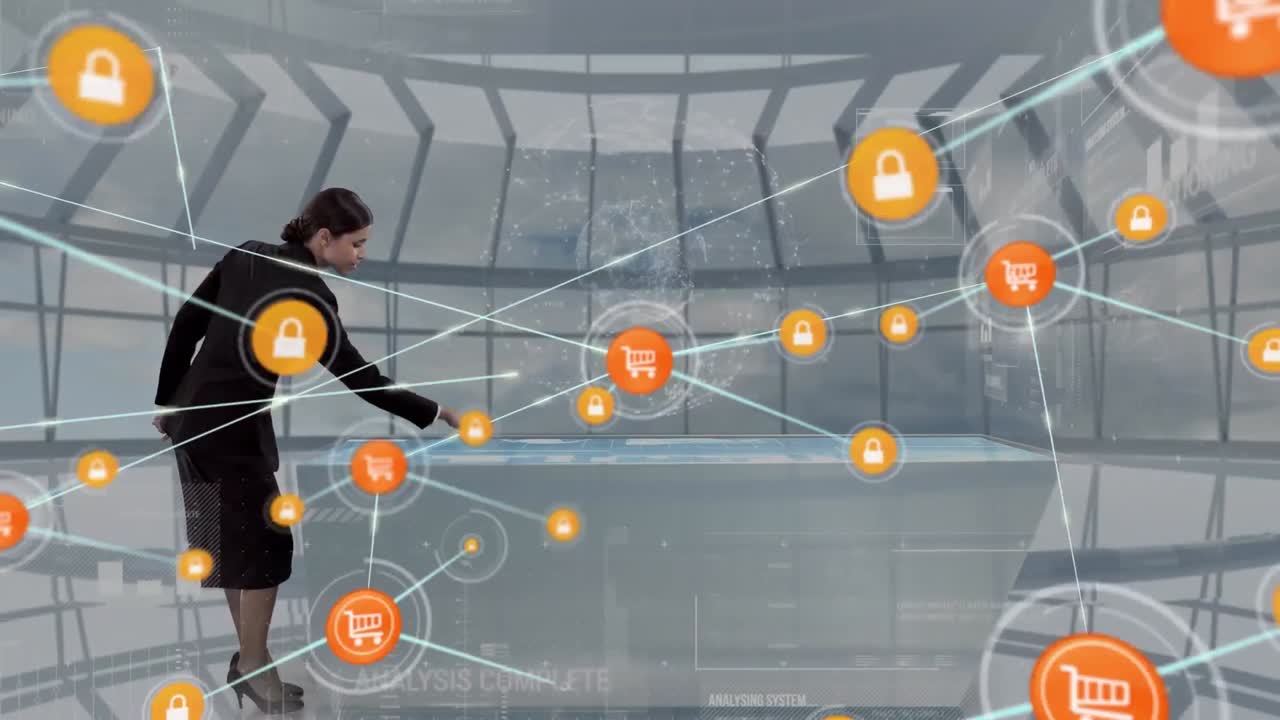 인터랙티브 스크린을 사용하여 사업가 여성에 대한 아이콘과 연결 네트워크의 애니메이션