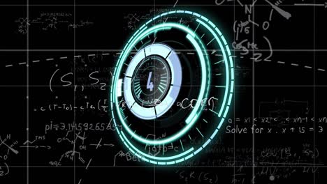 Animation-of-countdown-over-neon-round-scanner-over-mathematical-equations-against-black-background