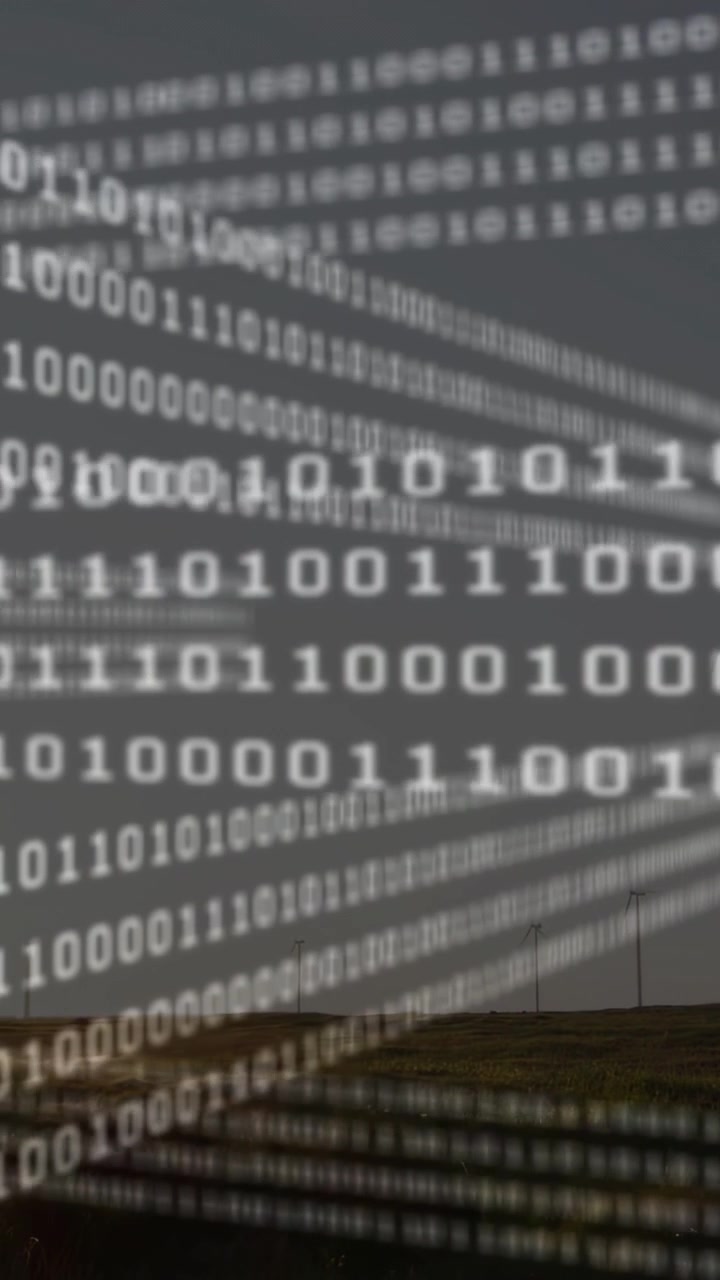 Data feed starting, binary bands sweeping diagonally over rural poles, visualizing network flow