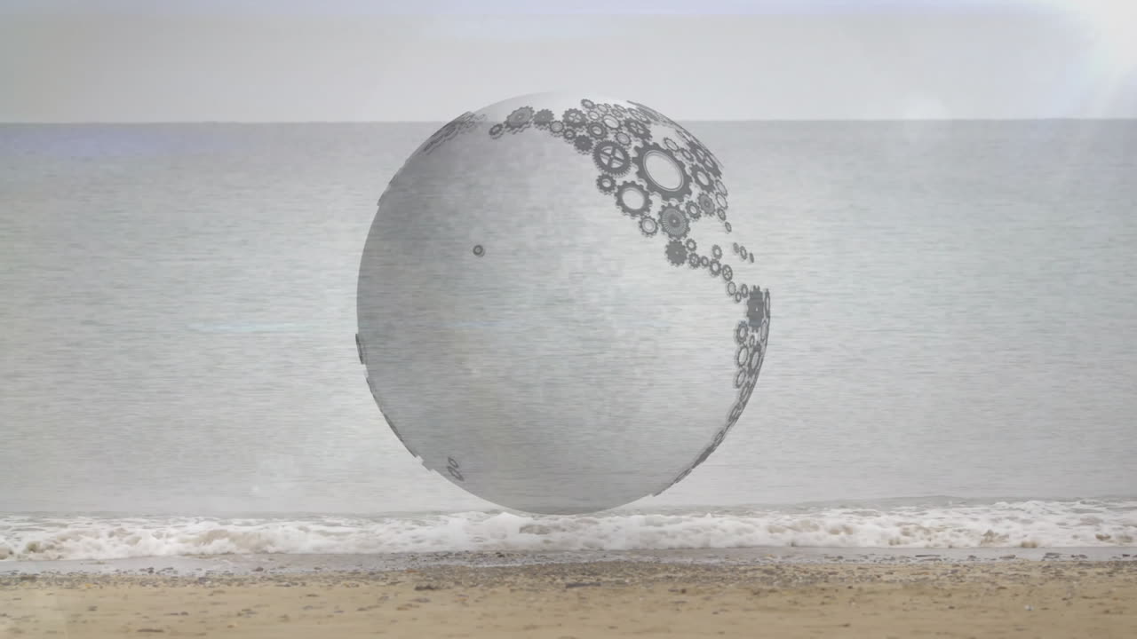 Floating metallic sphere displaying embossed gear patterns over calm shore, animated 3D render