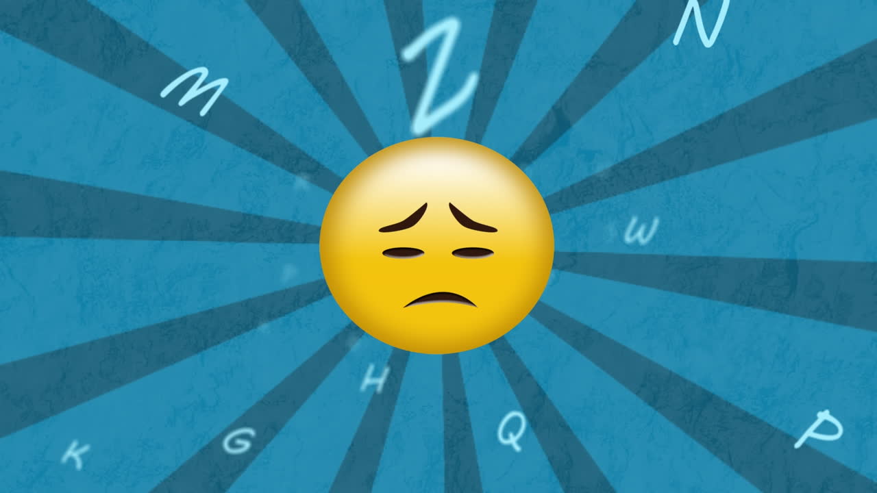 Animazione di lettere su emoji triste su sfondo blu rotante