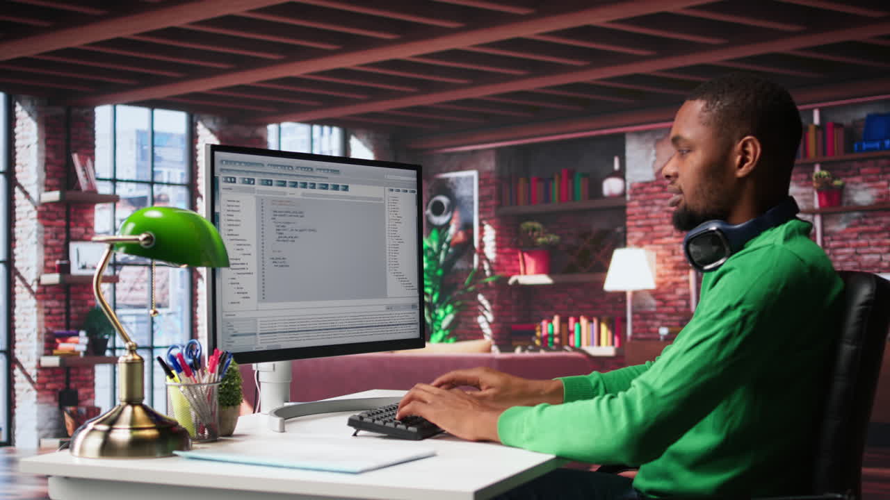 Vertical Video Tech savvy black engineer developing secure online program at home