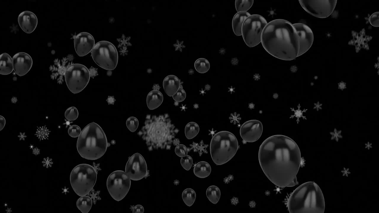 검은 바탕 위에서 날아다니는 검은색 풍선과 눈송이의 애니메이션
