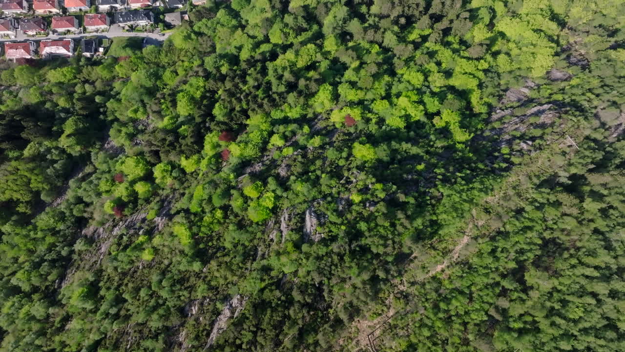 tomada de un avión no tripulado de sandviken desde arriba, que muestra las casas anidadas en las colinas de sandviksfjellet