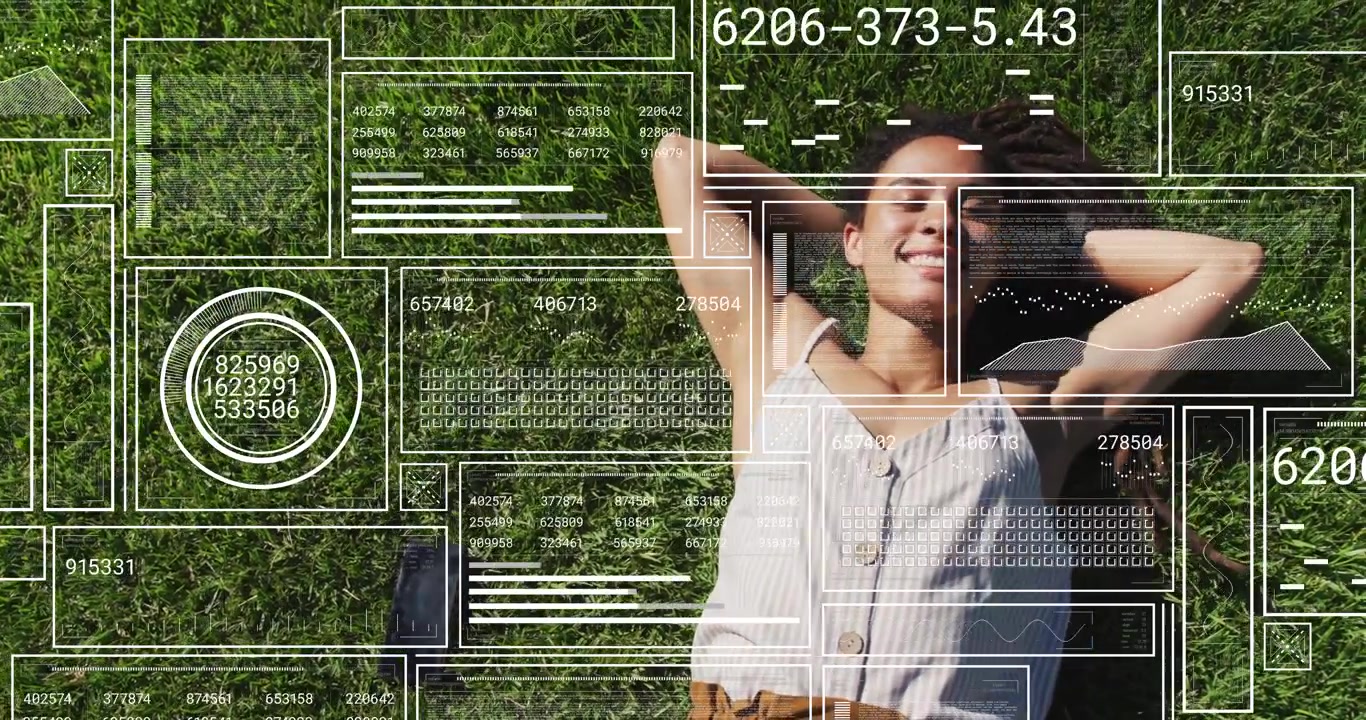 Woman lying on grass reacting to overlay activating HUD scanning health data via smartphone in tech