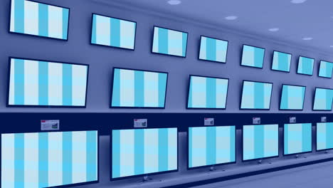 animation of rows of television sets in store with glowing screens with copy space