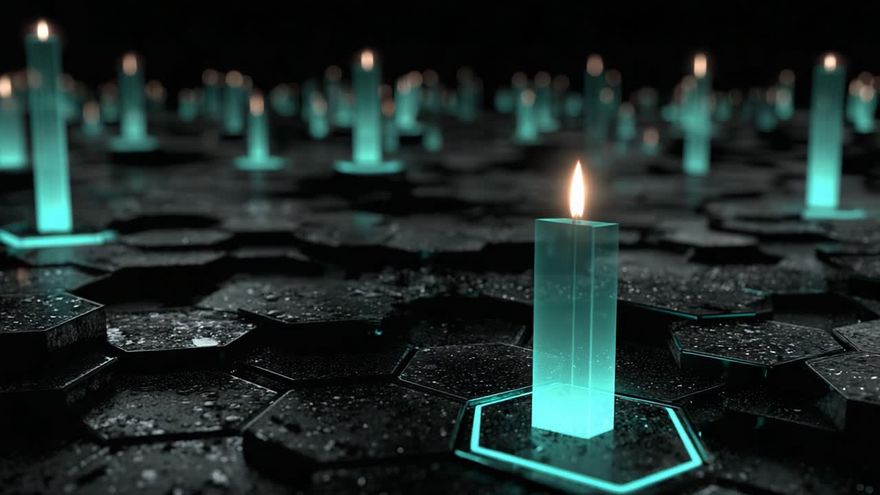 A Mesmerizing Arrangement of Glowing Candles Surrounded by Hexagonal Patterns, Creating a Tranquil Atmosphere in a Darkened Environment