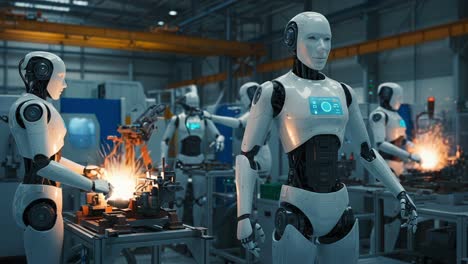 in a futuristic manufacturing environment, advanced robots work together seamlessly, showcasing their precision in assembling components while sparks fly in a high-tech factory setting