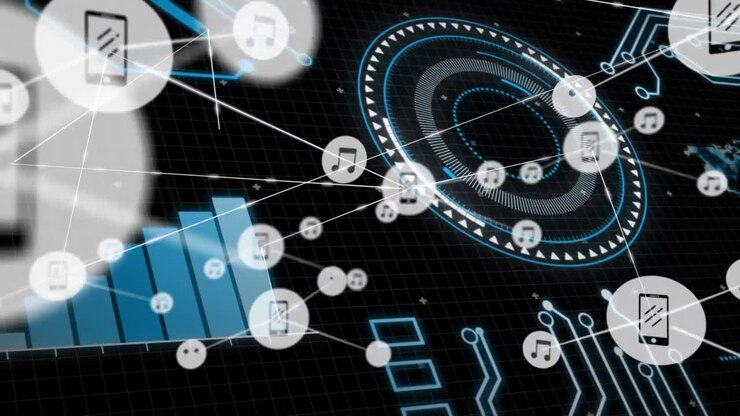 Animation af databehandling og netværk af forbindelser over sort baggrund
