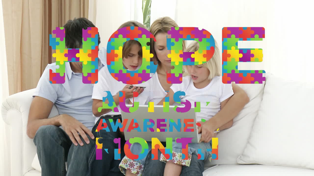 Jigsaw forming hope and autism awareness month text against family using laptop