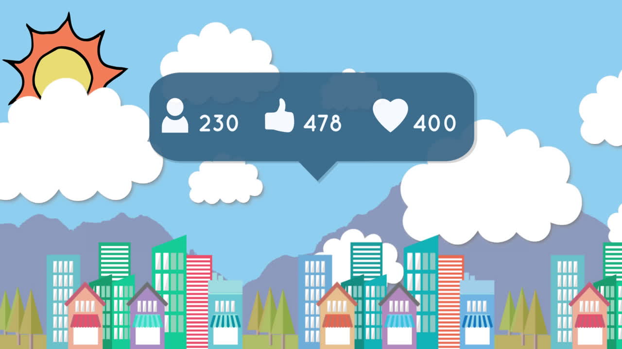 심장, 프로필, 엄지손가락을 위로 아이콘과 도시 풍경에 대해 증가하는 숫자를 가진 음성 거품