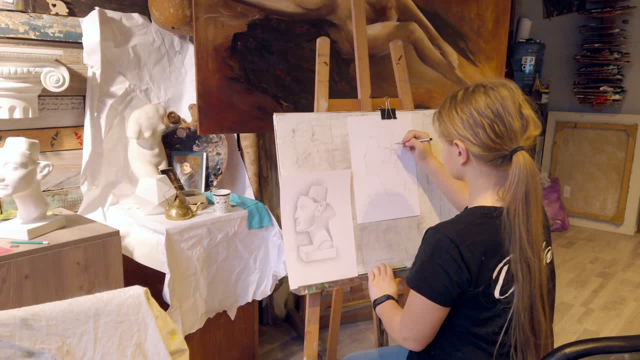 Girl sketching on a paper at an art gallery workshop