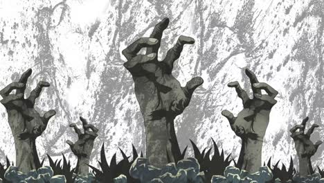 Animation-of-scary-halloween-zombie-hands-over-white-and-grey-moving-background