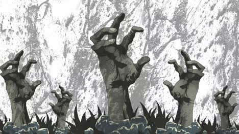 animación de espeluznantes manos de zombies de halloween sobre un fondo en movimiento blanco y gris