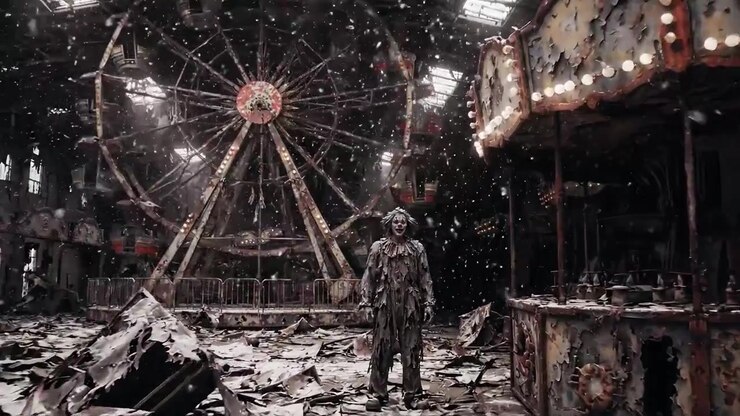 Abbandono inquietante: Clown in mezzo a un parco divertimenti abbandonato, coperto di neve, con una ruota panoramica e giostre da luna park in decomposizione in primo piano.