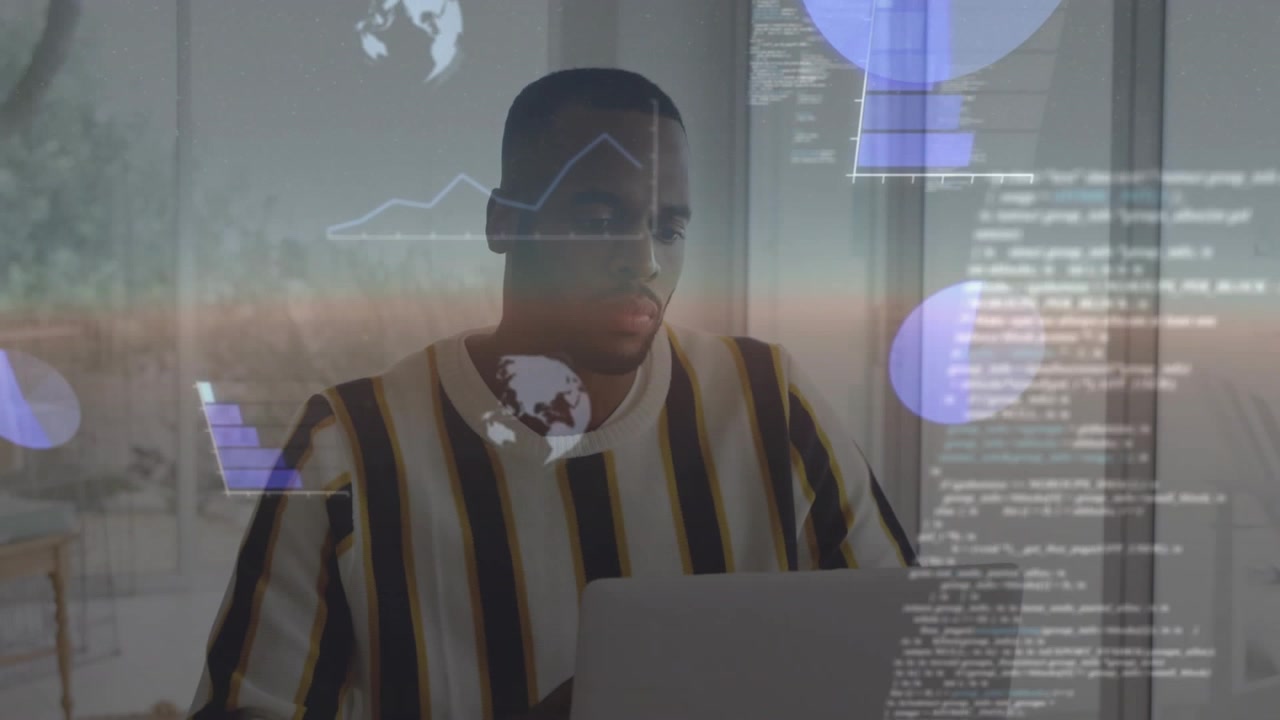 Data analyst opening laptop and analyzing globe icons pie and line graphs exploring data patterns