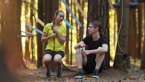 people talking in the woods