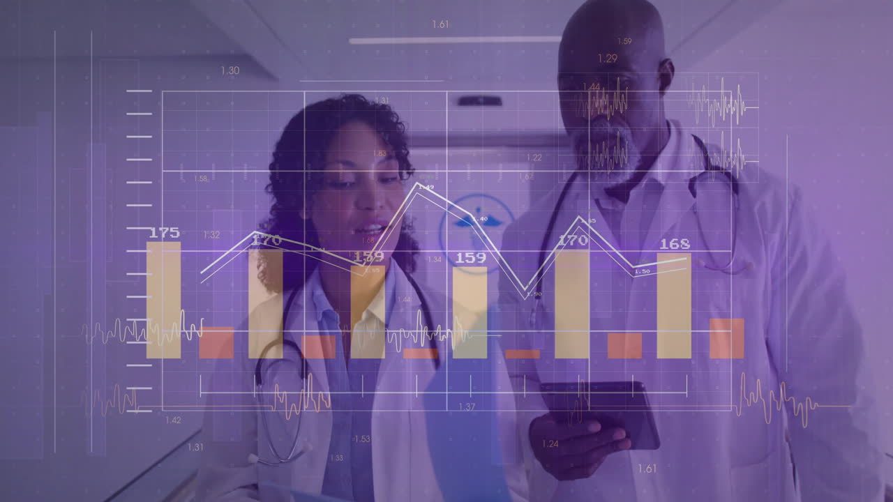 Doctors reviewing data on tablet with financial graph animation overlay