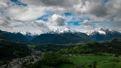 drone timelapse over bavarian alps showing the valley of königssee, bavaria germany