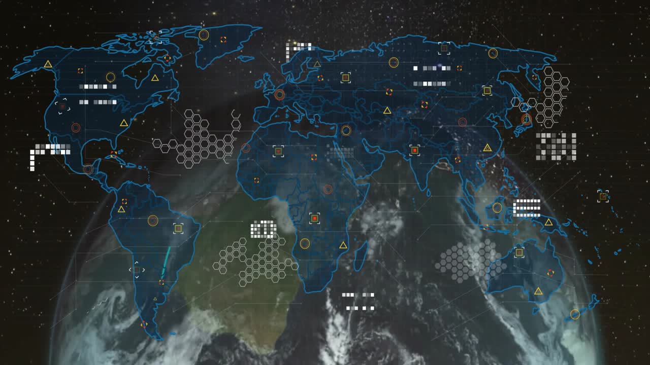 Showing neon blue world map overlay on Earth with hexagon data nodes, yellow triangles, red circles