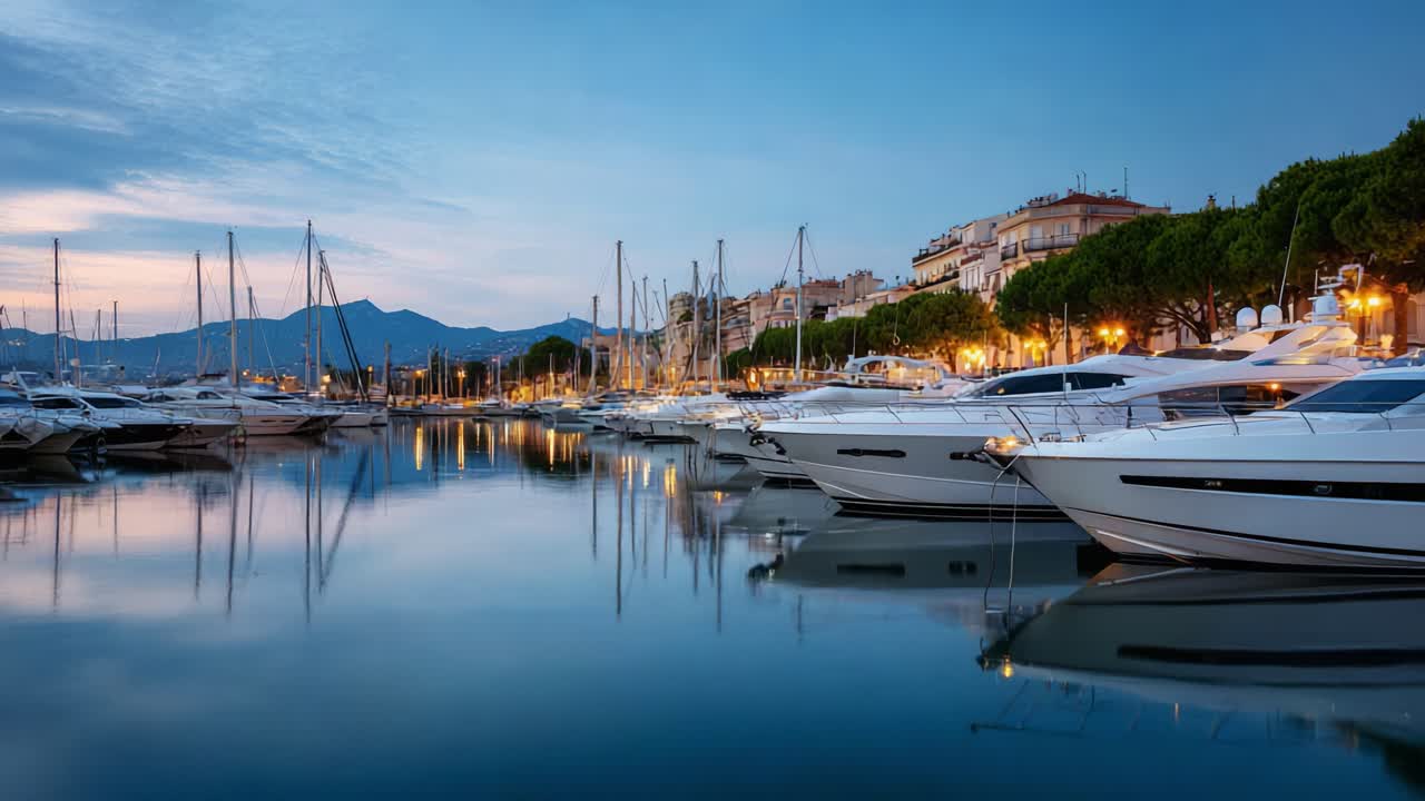 Serate serene al porto turistico: un'affascinante esposizione di yacht di lusso illuminati da soffuse luci dorate che si riflettono sulle acque tranquille nel bagliore del crepuscolo