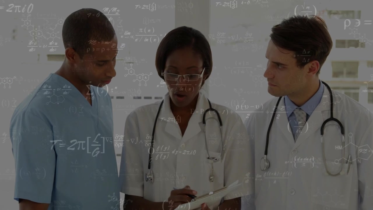 Lead doc writing on clipboard while medical team leaning, formulas floating on notes aligning care