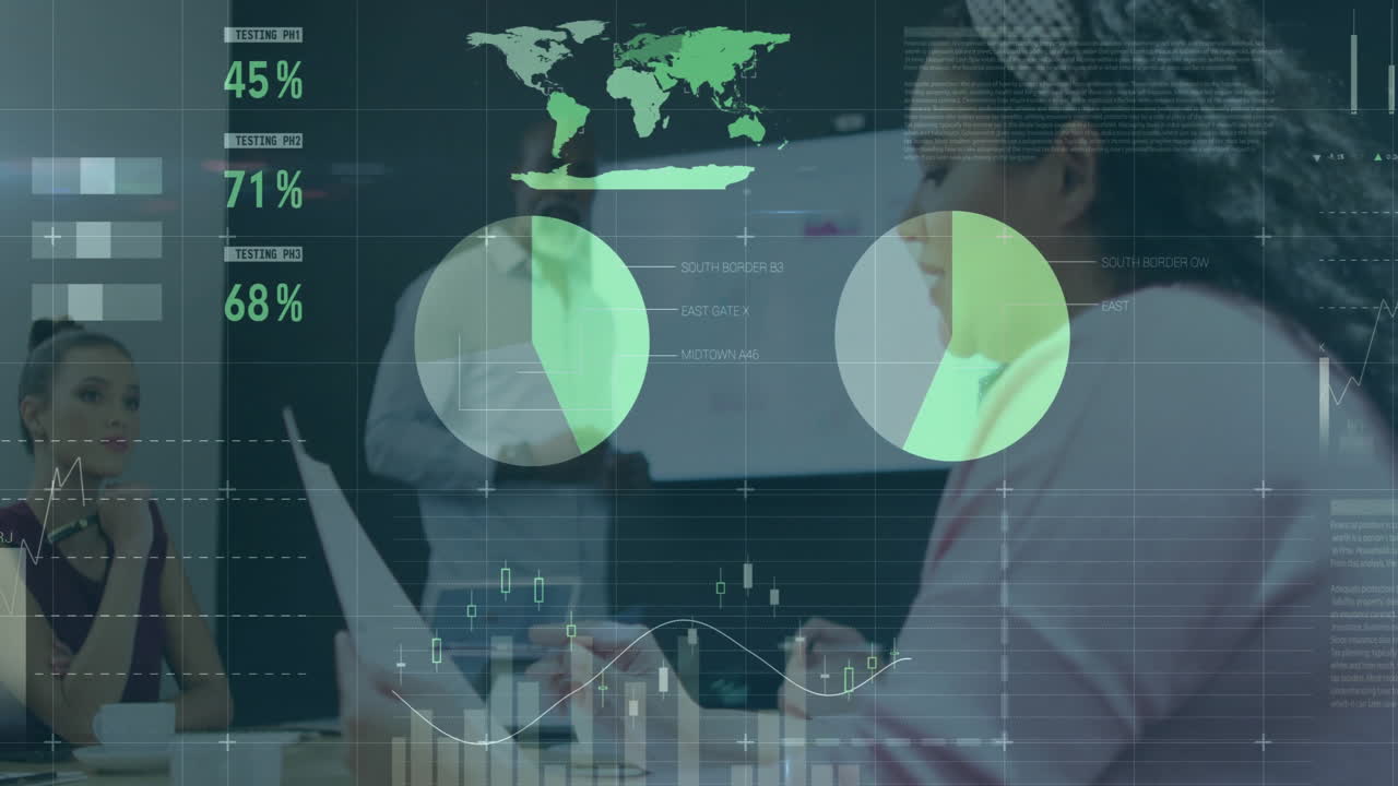 animación del procesamiento de datos financieros sobre diversos colegas que discuten el trabajo en la oficina