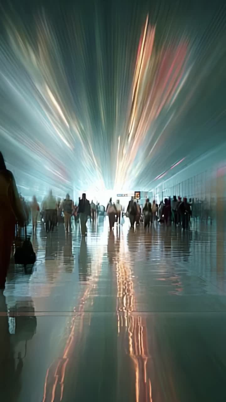Dynamic Movement in an Airport Terminal: A Vivid Exploration of Travelers Amidst Light and Reflections in a Modern Transportation Hub