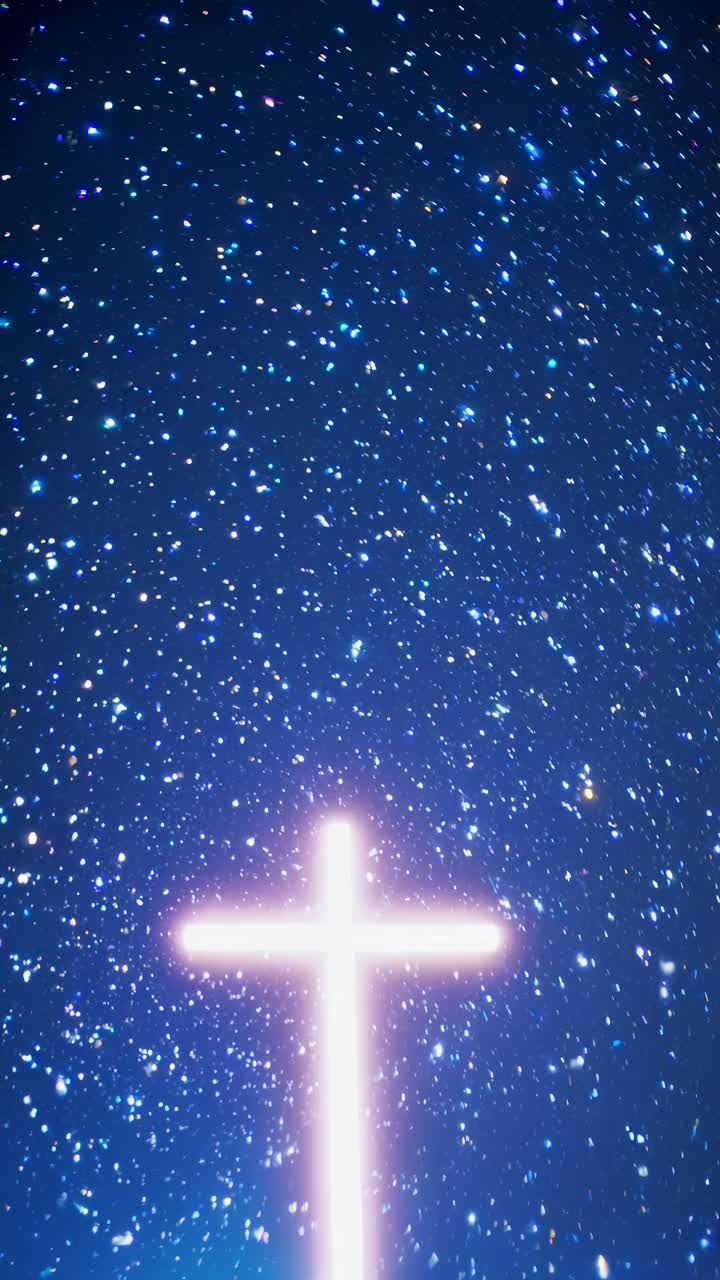 A glowing cross against a starry night sky, captured from a low-angle