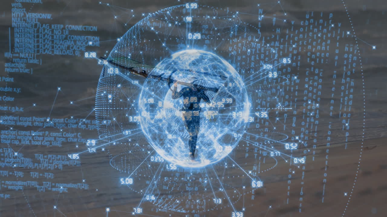 Businessman standing inside holographic sphere over water, displaying tech network lines and data