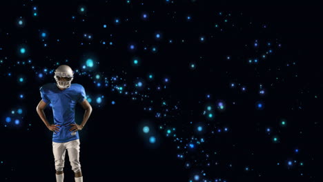 animación de un jugador de fútbol americano en casco con los brazos cruzados sobre manchas azules brillantes