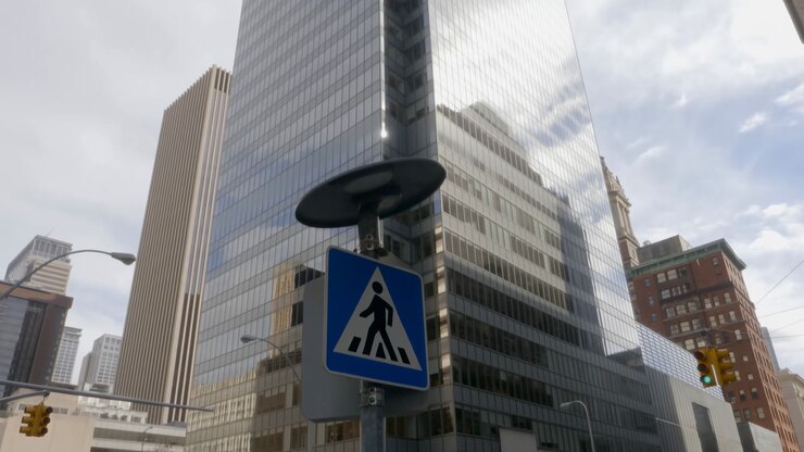 Urban Pedestrian Sign And Skyscraper Reflecting Cloudy Sky, Traffic Lights And Cars Passing At Busy