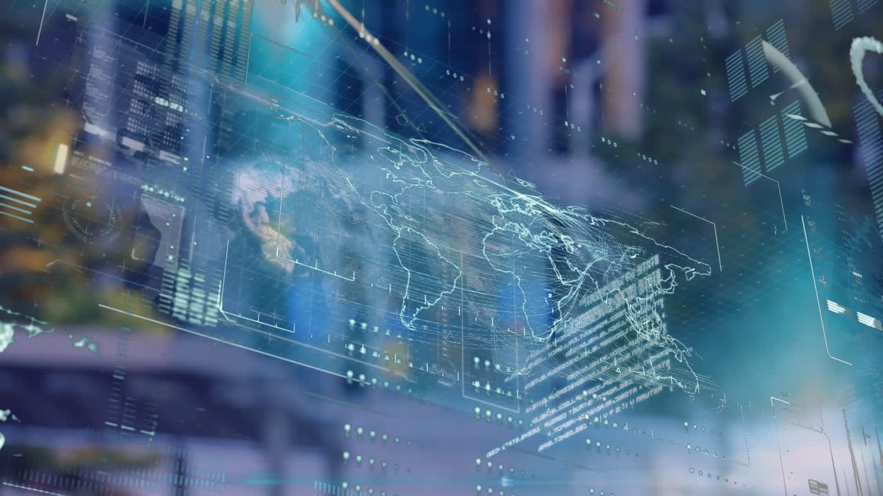 도시 풍경 위의 데이터 처리 애니메이션