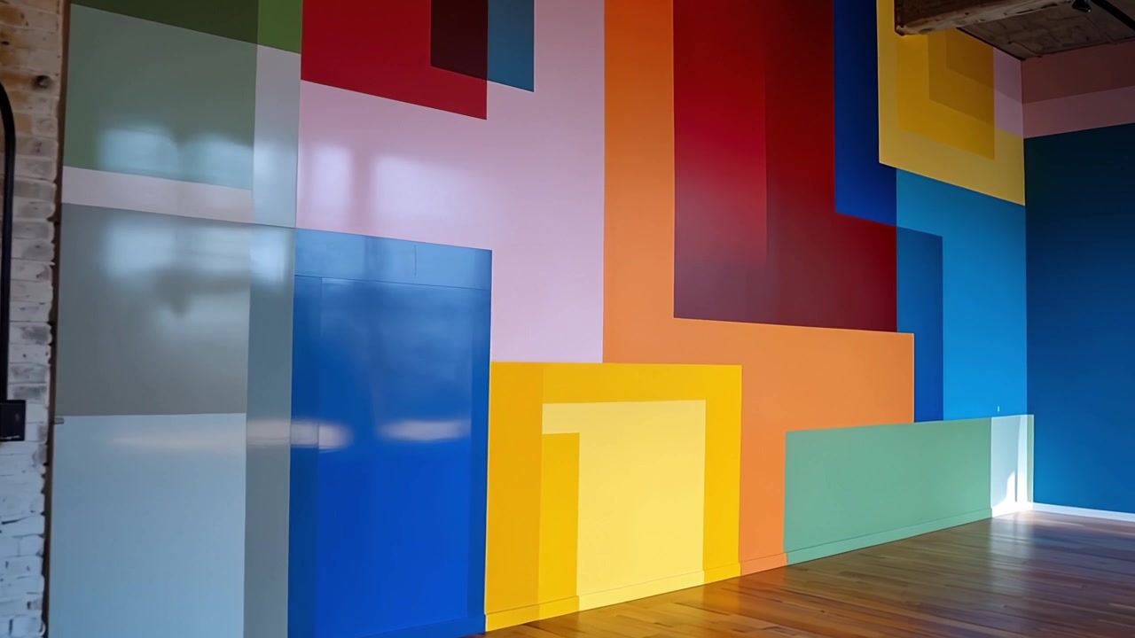 Sala Vazia com Mural Geométrico Colorido e Luz Natural