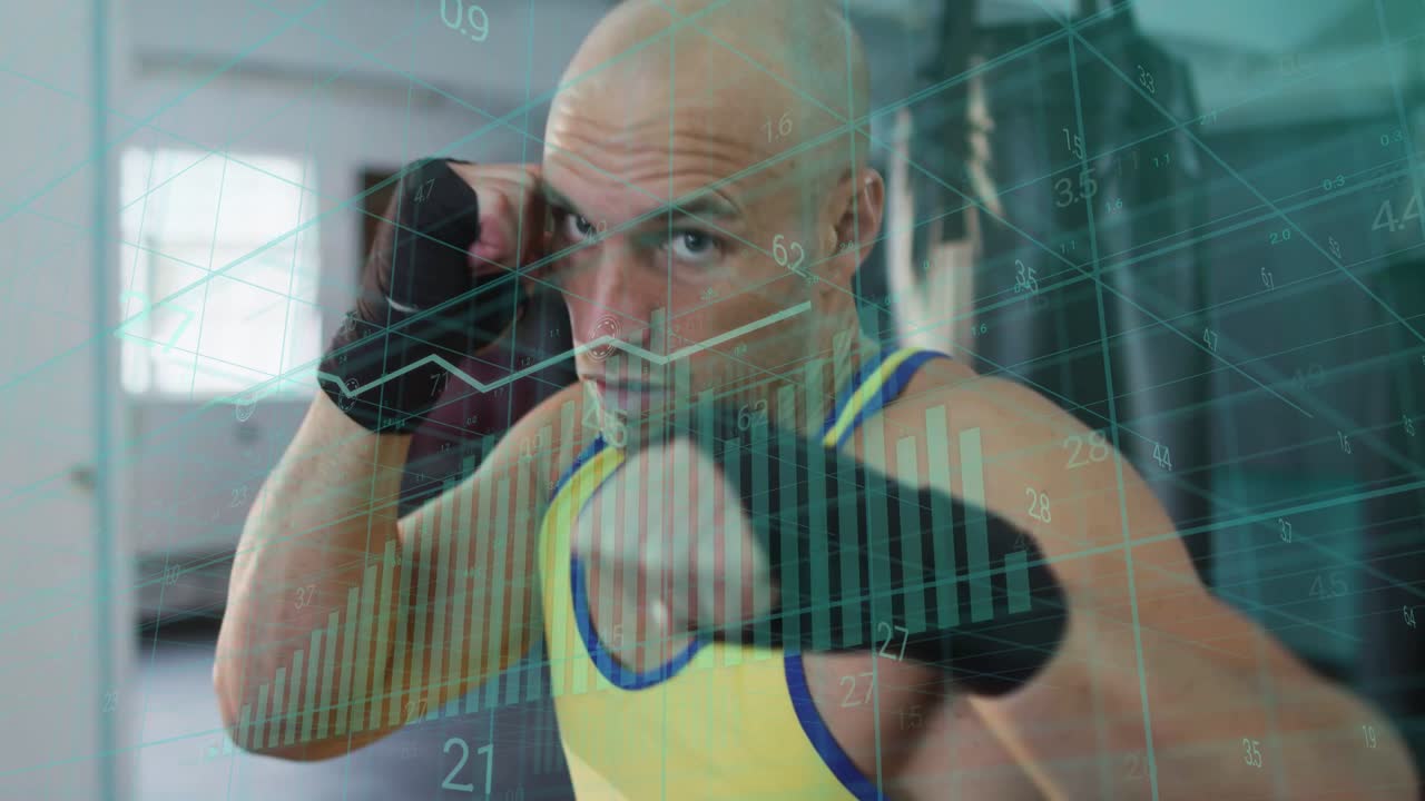 Inizio di un allenamento di fitness, pugile uomo che sferra jab e ripristina la guardia, con grafici HUD che tracciano la forma.