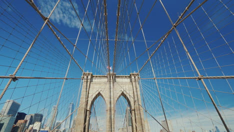 First-Person-View-Of-The-Brooklyn-Bridge-In-The-Direction-Of-Manhattan-Seen-Beautiful-Pillars-Of-The
