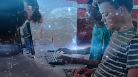 animation of network of connections and globe over diverse students using computers