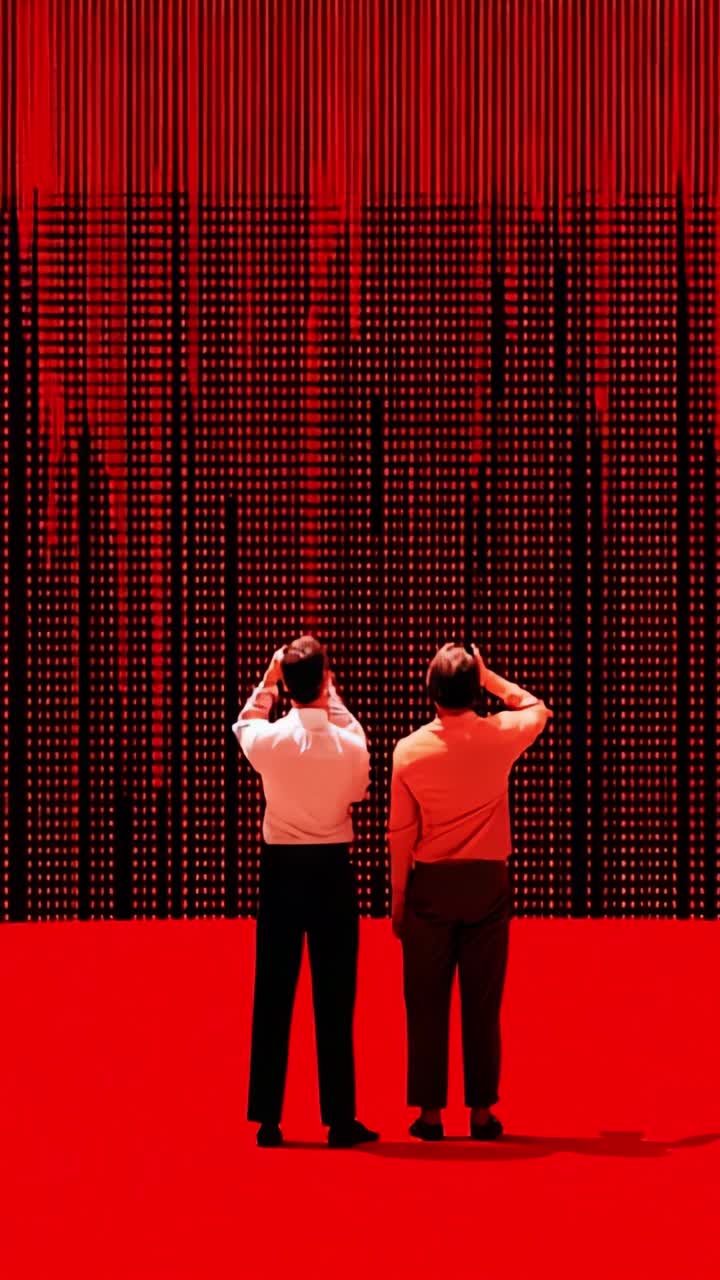 Two observers glance at a mesmerizing red digital display, captivated by the intricate patterns of illuminated sequences that catch their attention