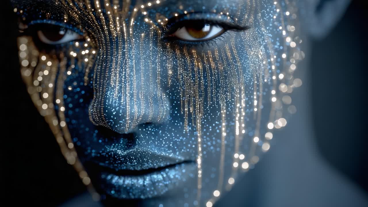 A Serene Portrait of a Woman with a Glittering, Starry Face Illuminated by Cascading Light, Capturing Ethereal Beauty and Enigmatic Emotion