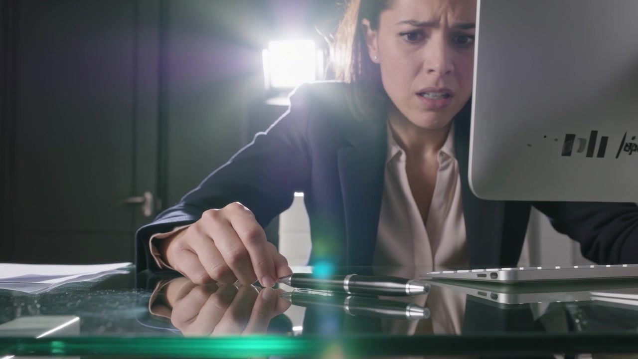 Donna d'ufficio in blazer scuro che si allunga per prendere una penna che inizia a rotolare su una scrivania di vetro, con bagliore dell'obiettivo