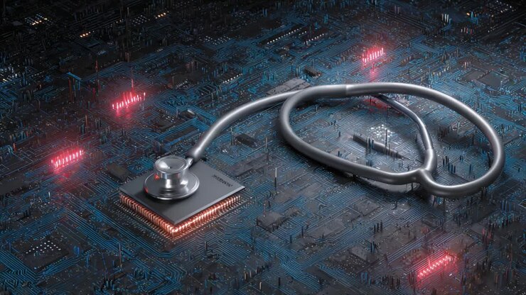 Esplorando l'intersezione tra sanità e tecnologia: un fonendoscopio su un circuito stampato che rappresenta le innovazioni nelle apparecchiature mediche